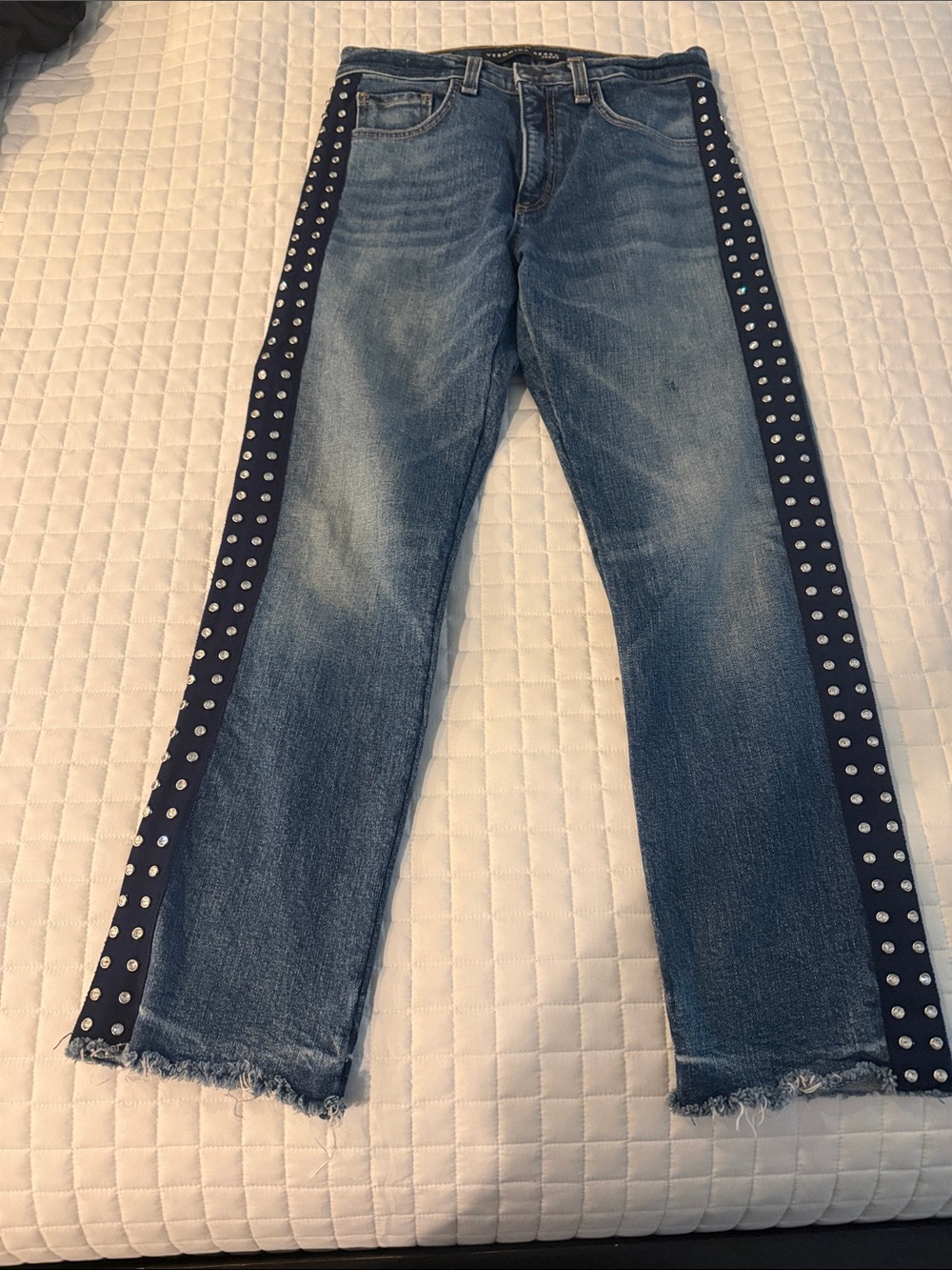 Veronica Beard Medium Blue Denim Jeans with Navy Studded Side Stripes